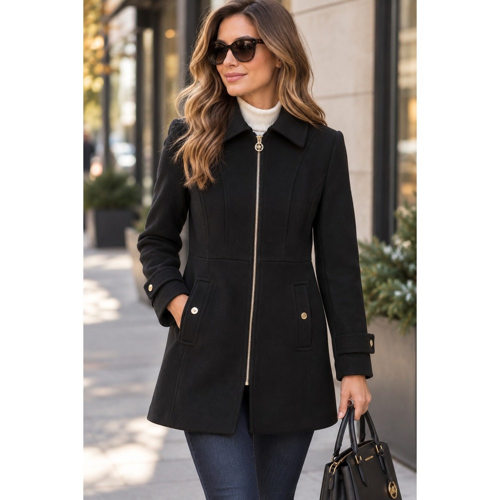 Michael Kors Women's Small Black Wool Blend Coat Jacket Zip Front Gold MK